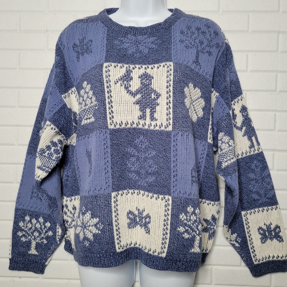 Vintage 1980 Cotton Sweater Novelty Colonial Patchwork Sz XL Shenandoah Cottage‎